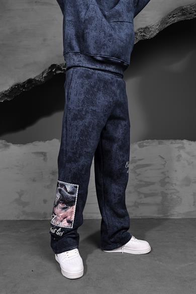 Erkek Lacivert İllusion Nakışlı Patchli Yıkamalı Baggy Eşofman