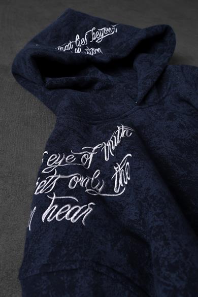Erkek Lacivert İllusion Nakışlı Patchli Yıkamalı Oversize Kapüşonlu Sweatshirt