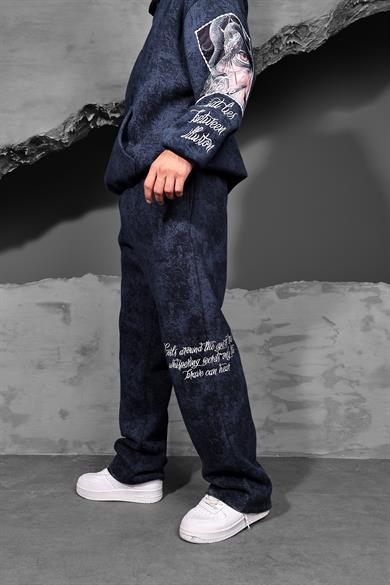 Erkek Lacivert İllusion Nakışlı Patchli Yıkamalı Baggy Eşofman