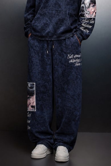 Erkek Lacivert İllusion Nakışlı Patchli Yıkamalı Baggy Eşofman