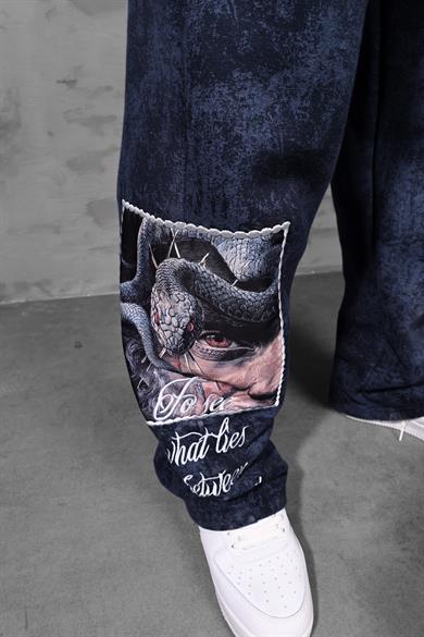 Erkek Lacivert İllusion Nakışlı Patchli Yıkamalı Baggy Eşofman