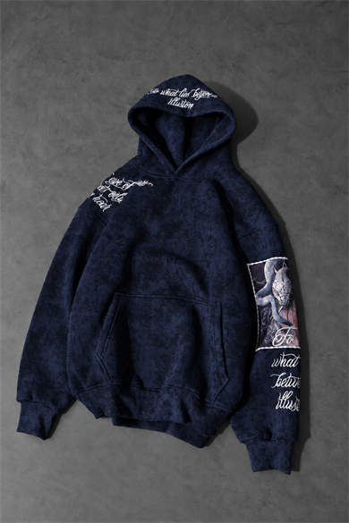 Erkek Lacivert İllusion Nakışlı Patchli Yıkamalı Oversize Kapüşonlu Sweatshirt