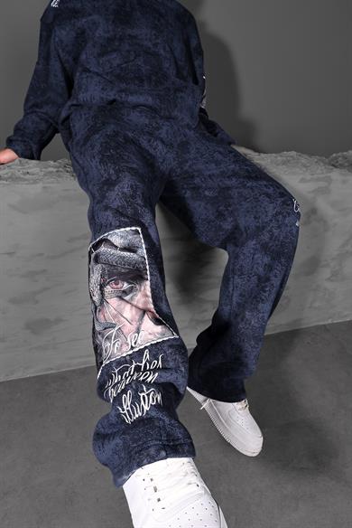 Erkek Lacivert İllusion Nakışlı Patchli Yıkamalı Baggy Eşofman