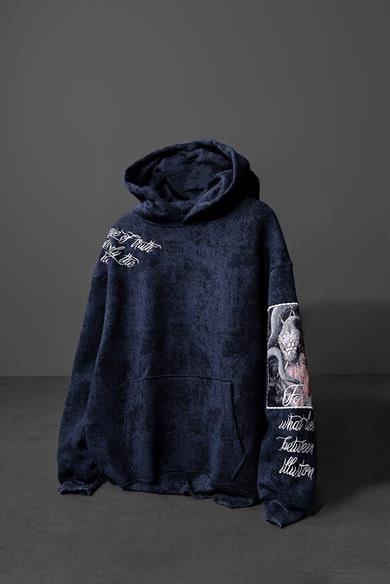 Erkek Lacivert İllusion Nakışlı Patchli Yıkamalı Oversize Kapüşonlu Sweatshirt