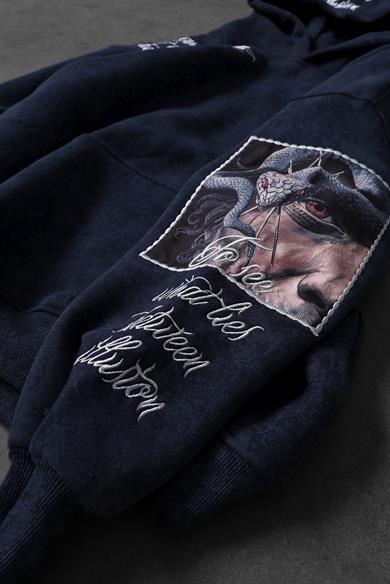 Erkek Lacivert İllusion Nakışlı Patchli Yıkamalı Oversize Kapüşonlu Sweatshirt