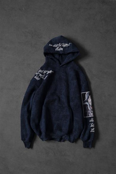 Erkek Lacivert İllusion Nakışlı Patchli Yıkamalı Oversize Kapüşonlu Sweatshirt