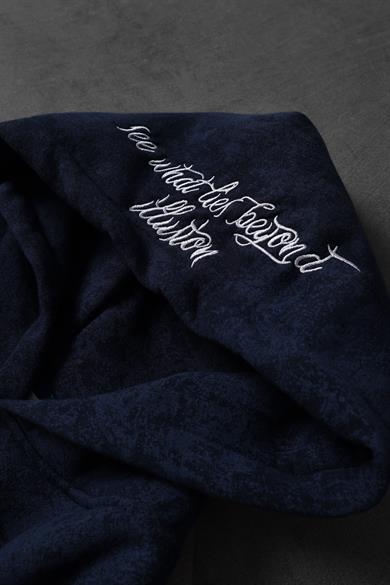 Erkek Lacivert İllusion Nakışlı Patchli Yıkamalı Oversize Kapüşonlu Sweatshirt