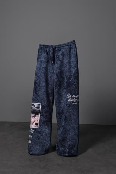 Erkek Lacivert İllusion Nakışlı Patchli Yıkamalı Baggy Eşofman