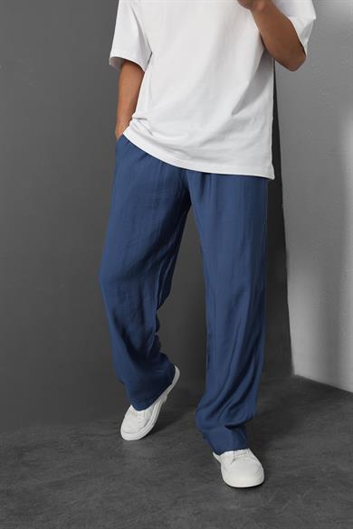 Erkek Lacivert İnce Kumaş Keten Baggy Pantolon