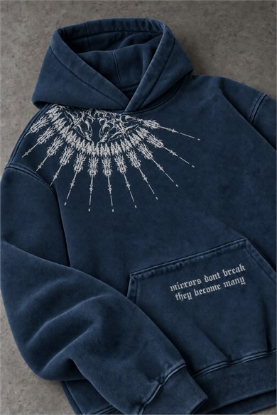 Erkek Lacivert Mantra Özel Yıkamalı Oversize Hoodie