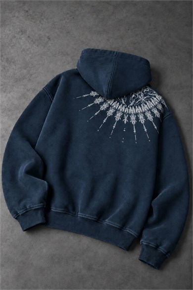Erkek Lacivert Mantra Özel Yıkamalı Oversize Hoodie
