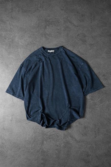 Erkek Lacivert Özel Yıkamalı Kumaş Oversize Tshirt