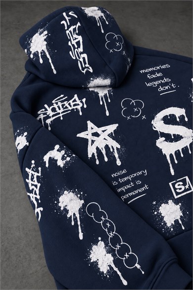 Erkek Lacivert S Grafiti Oversize Hoodie