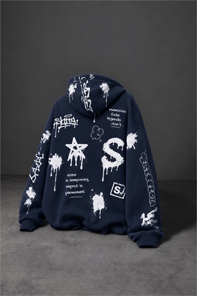 Erkek Lacivert S Grafiti Oversize Hoodie