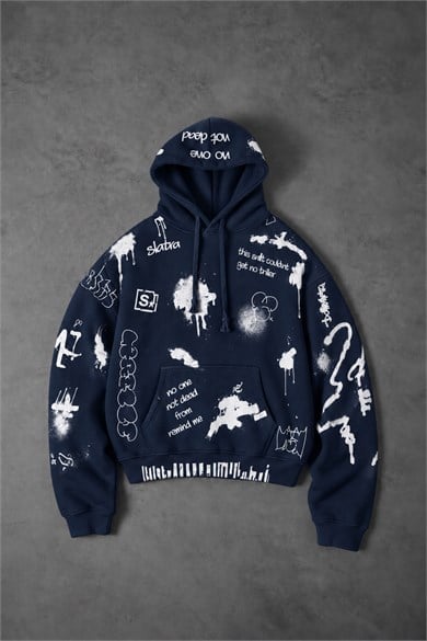 Erkek Lacivert S Grafiti Oversize Hoodie