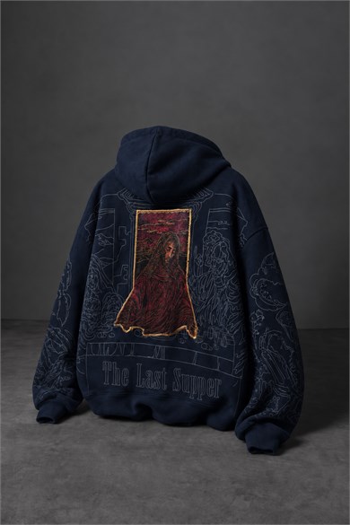 Erkek Lacivert Sanctum Kadife Patch Oversize Hoodie