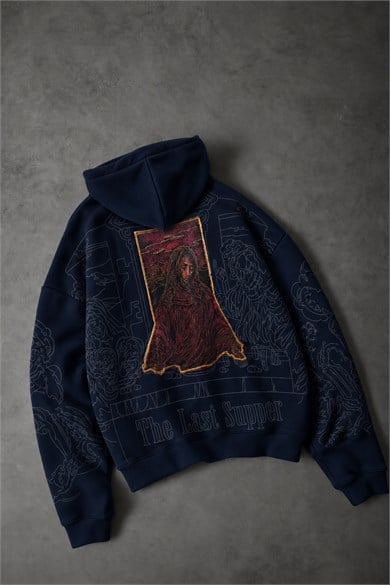 Erkek Lacivert Sanctum Kadife Patch Oversize Hoodie