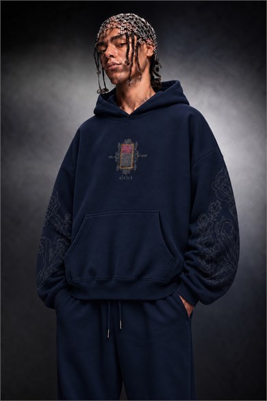 Erkek Lacivert Sanctum Kadife Patch Oversize Hoodie