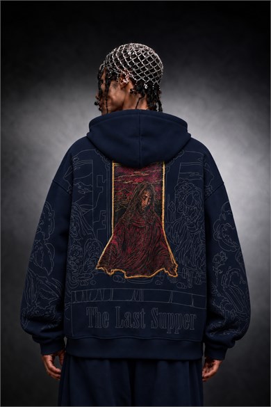 Erkek Lacivert Sanctum Kadife Patch Oversize Hoodie