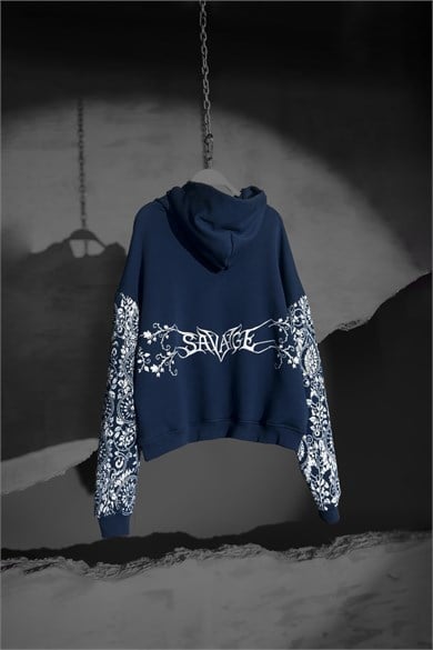 Erkek Lacivert Savage Nakışlı Oversize Hoodie