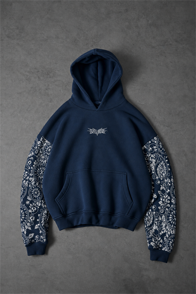 Erkek Lacivert Savage Nakışlı Oversize Hoodie