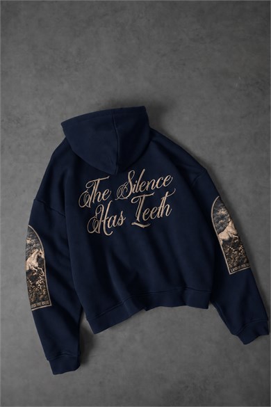Erkek Lacivert Silence Patch Nakış Oversize Hoodie