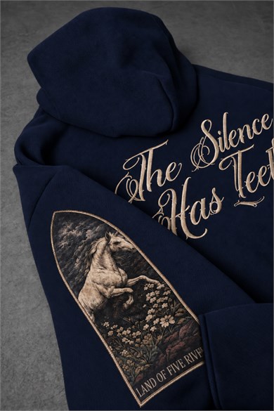 Erkek Lacivert Silence Patch Nakış Oversize Hoodie