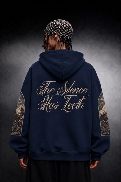 Erkek Lacivert Silence Patch Nakış Oversize Hoodie