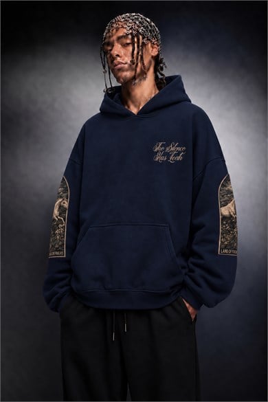 Erkek Lacivert Silence Patch Nakış Oversize Hoodie