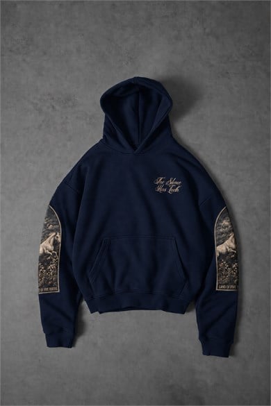 Erkek Lacivert Silence Patch Nakış Oversize Hoodie