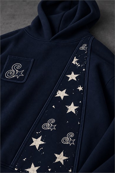 Erkek Lacivert SStar Kot Biye Oversize Hoodie