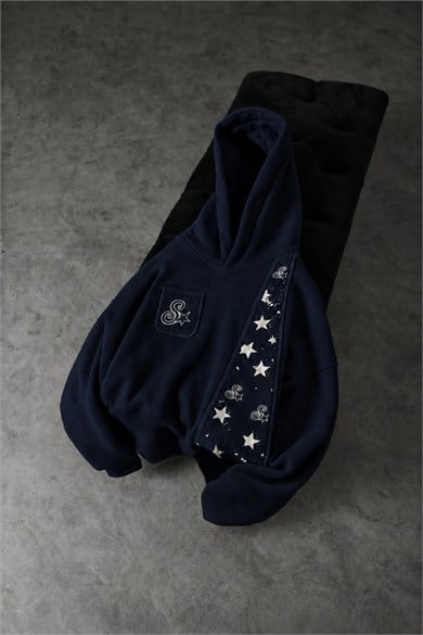 Erkek Lacivert SStar Kot Biye Oversize Hoodie