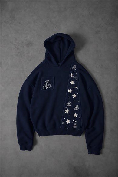 Erkek Lacivert SStar Kot Biye Oversize Hoodie