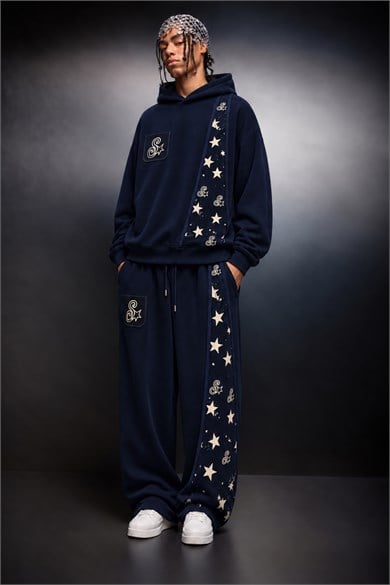 Erkek Lacivert SStar Kot Biye Oversize Hoodie