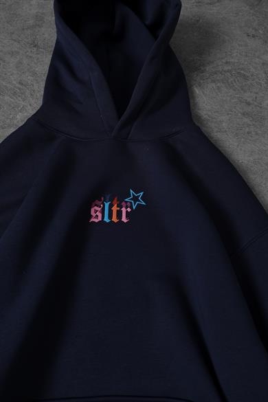 Erkek Lacivert Stars Kabartma Baskı Kapüşonlu Oversize Sweatshirt