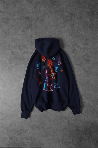 Erkek Lacivert Stars Kabartma Baskı Kapüşonlu Oversize Sweatshirt