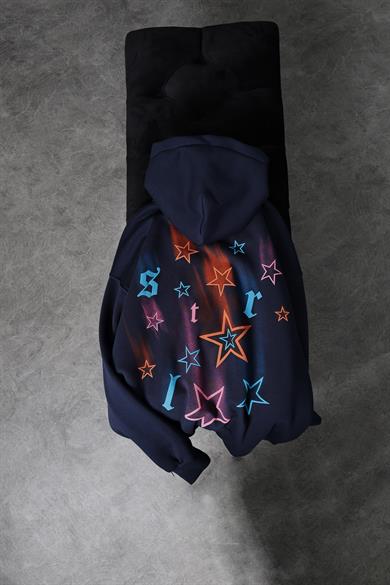 Erkek Lacivert Stars Kabartma Baskı Kapüşonlu Oversize Sweatshirt
