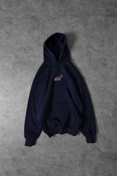 Erkek Lacivert Stars Kabartma Baskı Kapüşonlu Oversize Sweatshirt