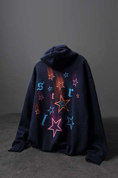 Erkek Lacivert Stars Kabartma Baskı Kapüşonlu Oversize Sweatshirt