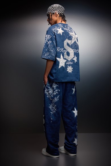 Erkek Lacivert SuperStar Baskılı Oversize Yıkama Efektli Tshirt