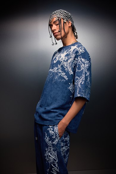 Erkek Lacivert SuperStar Baskılı Oversize Yıkama Efektli Tshirt