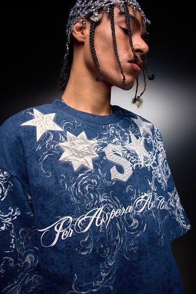 Erkek Lacivert SuperStar Baskılı Oversize Yıkama Efektli Tshirt