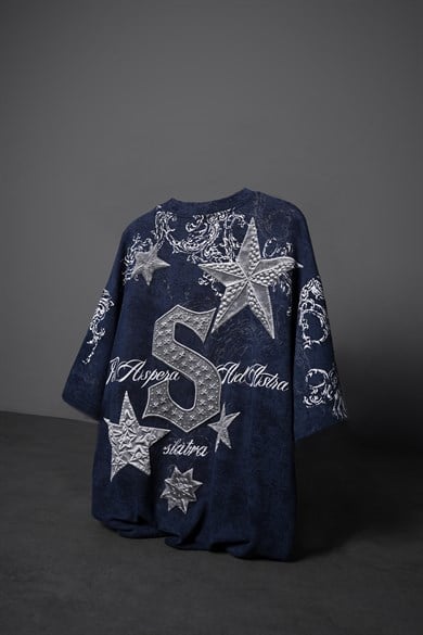 Erkek Lacivert SuperStar Baskılı Oversize Yıkama Efektli Tshirt