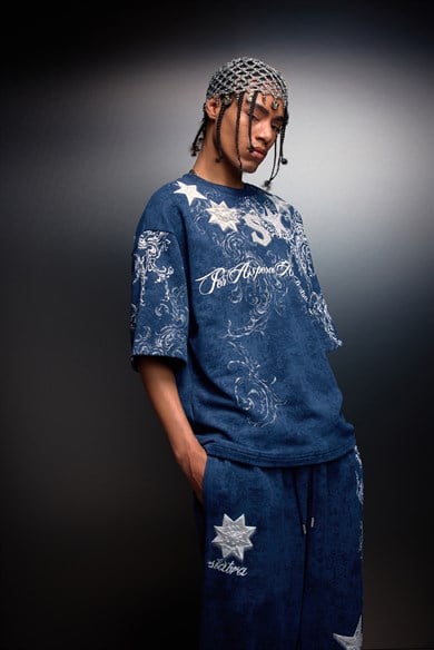 Erkek Lacivert SuperStar Baskılı Oversize Yıkama Efektli Tshirt