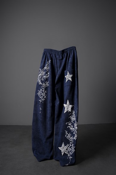 Erkek Lacivert SuperStar Baskılı Yıkama Efektli Baggy Eşofman