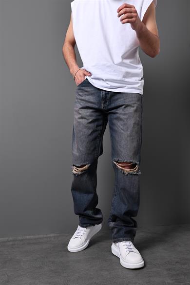 Erkek Lacivert Taşlı Efektli Yırtık Detay Baggy Pantolon