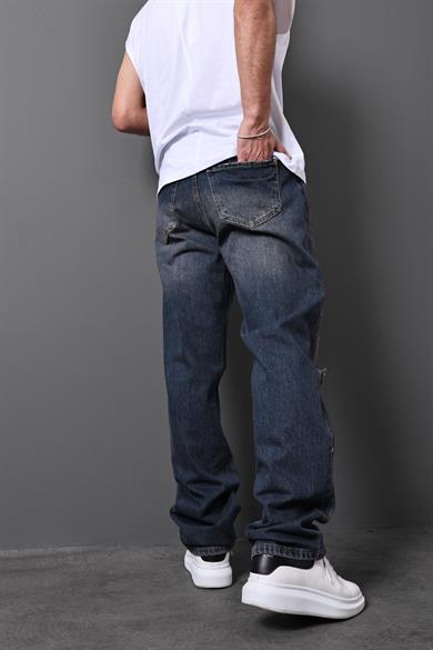 Erkek Lacivert Taşlı Efektli Yırtık Detay Baggy Pantolon
