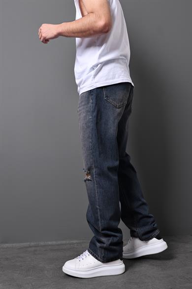 Erkek Lacivert Taşlı Efektli Yırtık Detay Baggy Pantolon