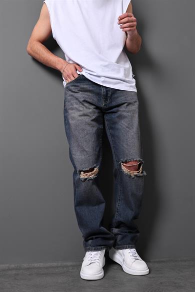 Erkek Lacivert Taşlı Efektli Yırtık Detay Baggy Pantolon