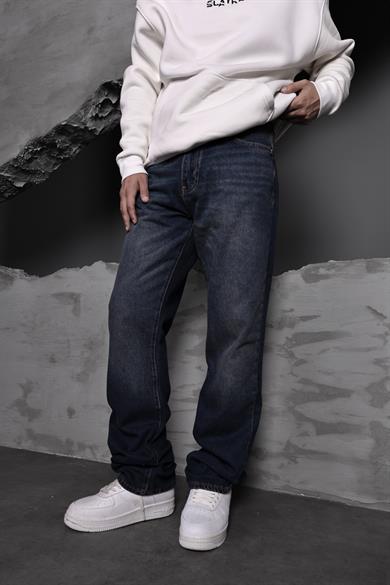 Erkek Lacivert Taşlı Straight Fit Pantolon